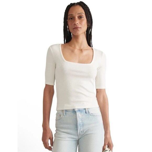 Marine Layer Lexi Rib White Ribbed Square Neck Tee Size S Tencel Blend NWT $54 - Picture 1 of 13